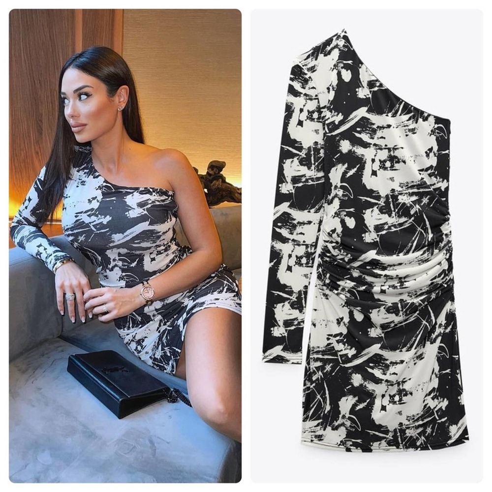Zara Black White Printed Asymmetric Mini Dress Size XS NWT New